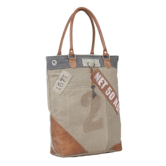 Myra Bag Handmade Quirky Tote Bag Upcycled Canvas & Cowhide Leather - Picture 2 of 7